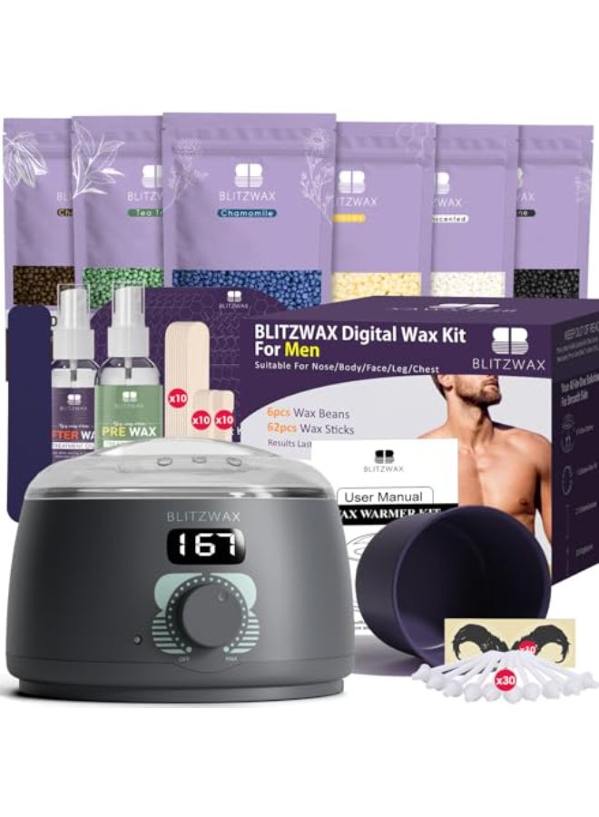 BLITZWAX Back and Nose Waxing Kit for Men Hard Wax Warmer for Brazilian Body and Face At Home Hair Removal Kit Beginner Friendly Quick Heating 93 Accessories Charcoal Grey - Image 1