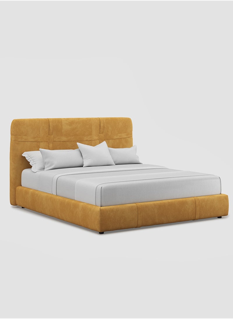 AL HUZAIFA FURNITURE - Graziano King Bed Upholstered In Mustard Full Grain Leather, With Pinewood Frame - Image 1
