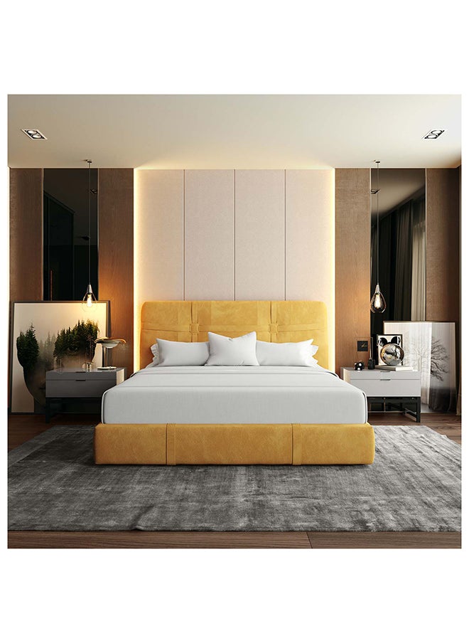 AL HUZAIFA FURNITURE - Graziano King Bed Upholstered In Mustard Full Grain Leather, With Pinewood Frame - Image 1