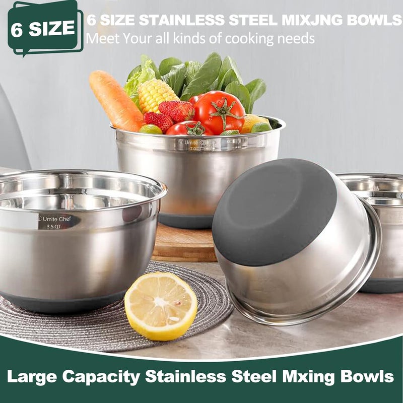 Umite Chef Mixing Bowls with Airtight Lids，6 piece Stainless Steel Metal Nesting Storage Bowls by, Non-Slip Bottoms Size 7, 3.5, 2.5, 2.0,1.5, 1QT, Great for Mixing & Serving(Grey) - Image 2