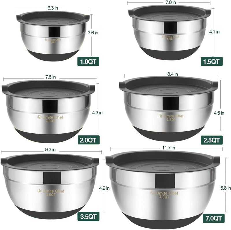 Umite Chef Mixing Bowls with Airtight Lids，6 piece Stainless Steel Metal Nesting Storage Bowls by, Non-Slip Bottoms Size 7, 3.5, 2.5, 2.0,1.5, 1QT, Great for Mixing & Serving(Grey) - Image 5