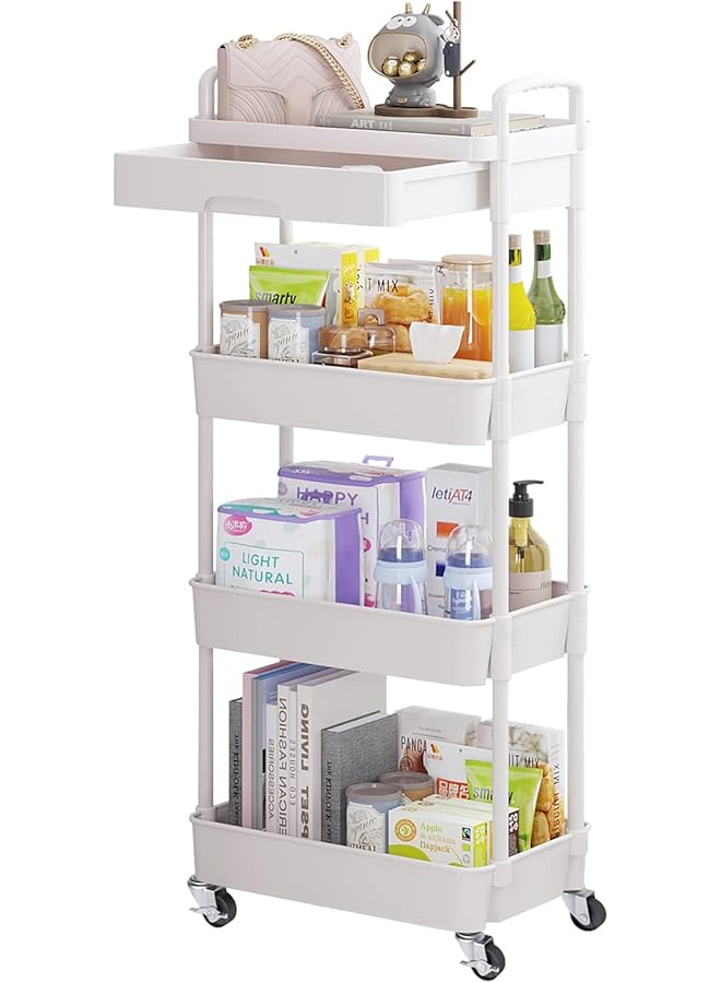 إيروريكس عربة دوارة متعددة الأغراض مع درج منظم تخزين متعدد الوظائف عربة دوارة مع رف بلاستيكي وعجلات معدنية للمطبخ والحمام وغرفة المعيشة والمكتب مع درج 4 طبقات أبيض - Image 1