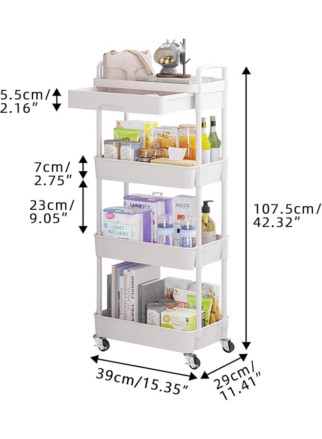 إيروريكس عربة دوارة متعددة الأغراض مع درج منظم تخزين متعدد الوظائف عربة دوارة مع رف بلاستيكي وعجلات معدنية للمطبخ والحمام وغرفة المعيشة والمكتب مع درج 4 طبقات أبيض - Image 2