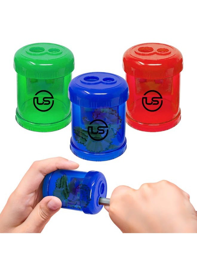 Ultimate Stationery Pencil Sharpeners, 3 Pack Blue Dual Hole Sharpener with Receptacle Pencil Sharpener Manual Pencil Sharpeners for Regular and Oversized Pencils or Crayons - Image 1