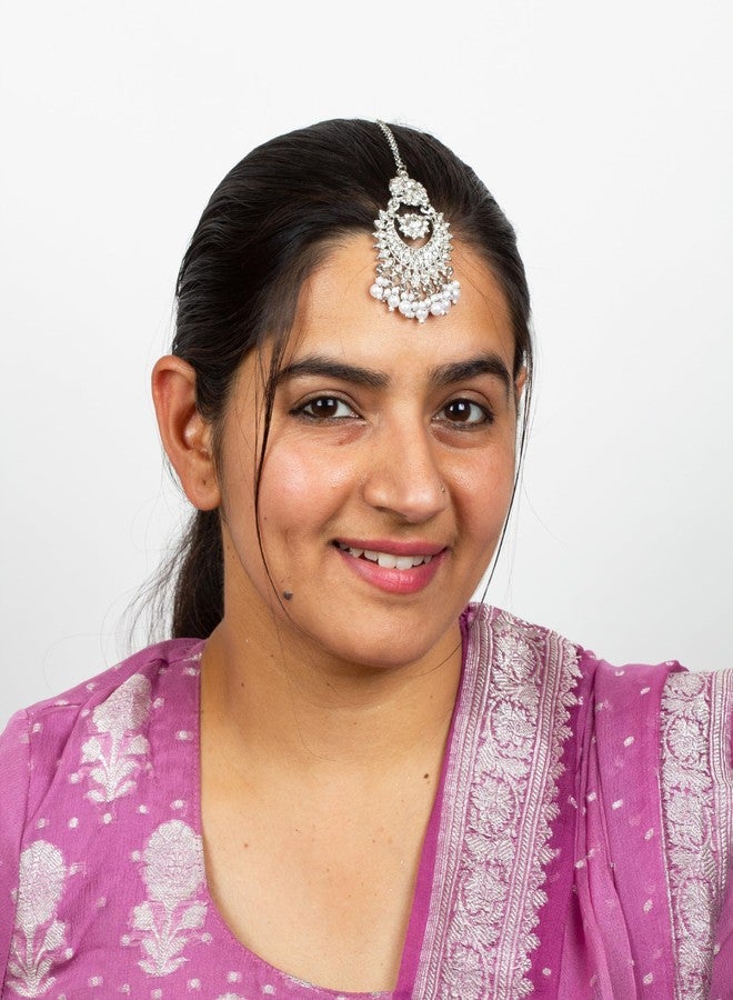 بينداني بيندهاني، غطاء رأس للجبهة، مانغ تيكا للشعر، مجوهرات هندية للنساء (روديوم أبيض) - Image 2