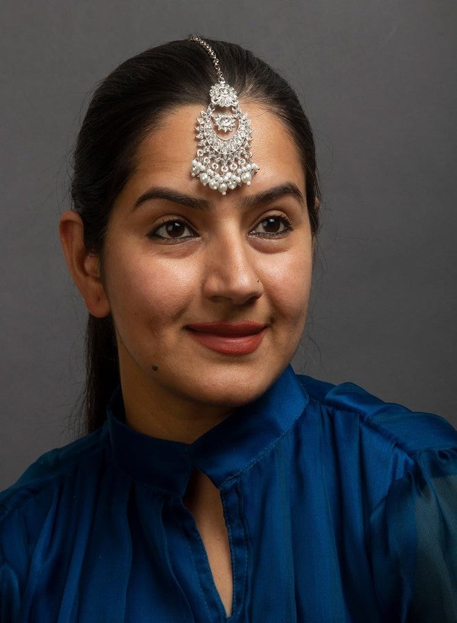 بينداني بيندهاني، غطاء رأس للجبهة، مانغ تيكا للشعر، مجوهرات هندية للنساء (روديوم أبيض) - Image 3