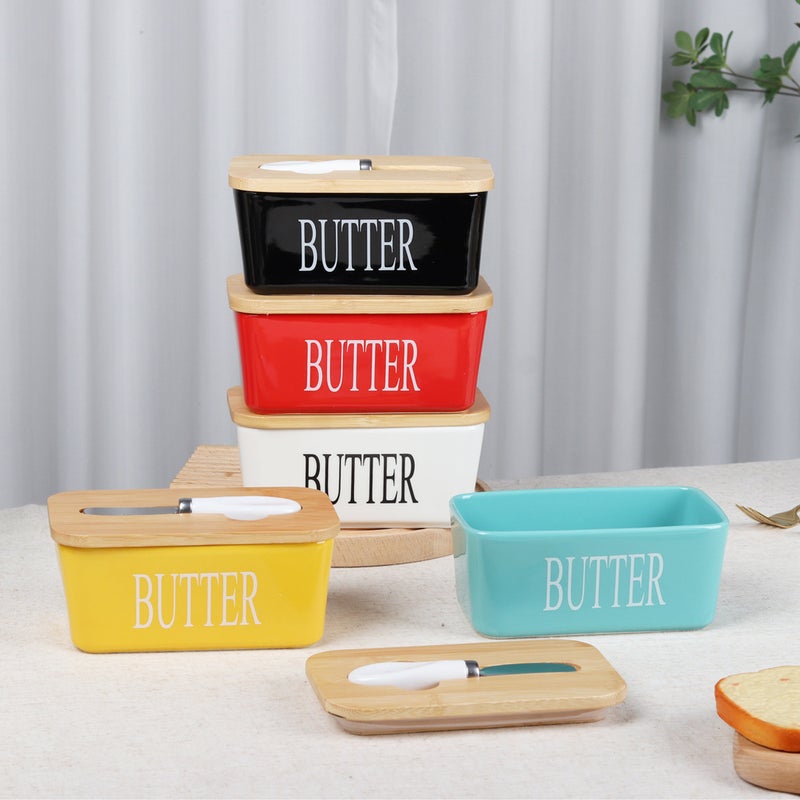 Ceramic Butter Box Selling Ceramic Rectangular Butter Dish With Wooden Cover Cheese Ceramic Butter Box With Knife - Image 2
