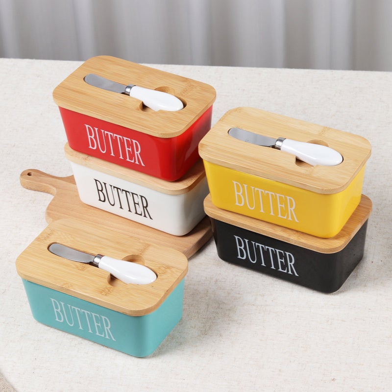 Ceramic Butter Box Selling Ceramic Rectangular Butter Dish With Wooden Cover Cheese Ceramic Butter Box With Knife - Image 4