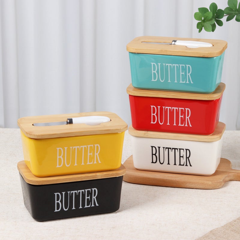 Ceramic Butter Box Selling Ceramic Rectangular Butter Dish With Wooden Cover Cheese Ceramic Butter Box With Knife - Image 3