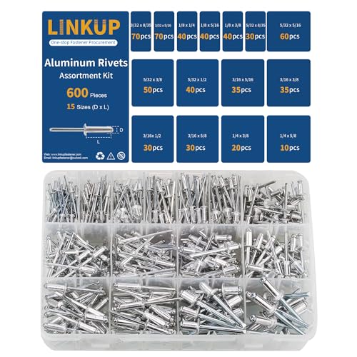 Linkup 600pcs 15 Sizes Pop Rivets Assortment Kit,Aluminum Rivets, Silver pop rivet set including 3/32" 1/8" 5/32" 3/16" 1/4" blind rivets for metal Dome Head rivet kit - Image 1