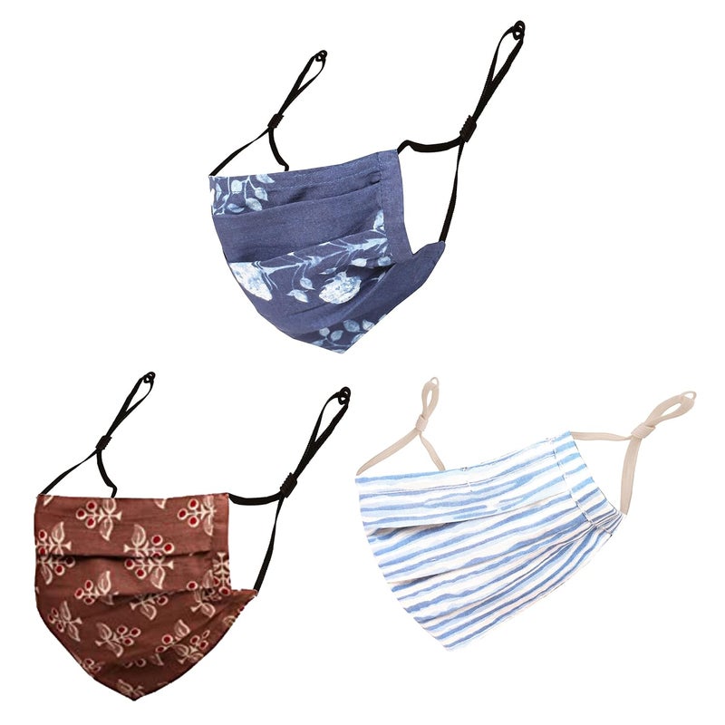 Touchstone anti pollution smog smoke cold cough protective cotton face mask Floral Fabric Adjustable filter pocket nose bridge 2 layer reusable washable men women (Pack of 3). Brown Blue Indigo Blue - Image 1