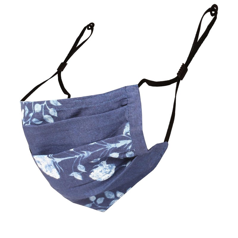 Touchstone anti pollution smog smoke cold cough protective cotton face mask Floral Fabric Adjustable filter pocket nose bridge 2 layer reusable washable men women (Pack of 3). Brown Blue Indigo Blue - Image 2