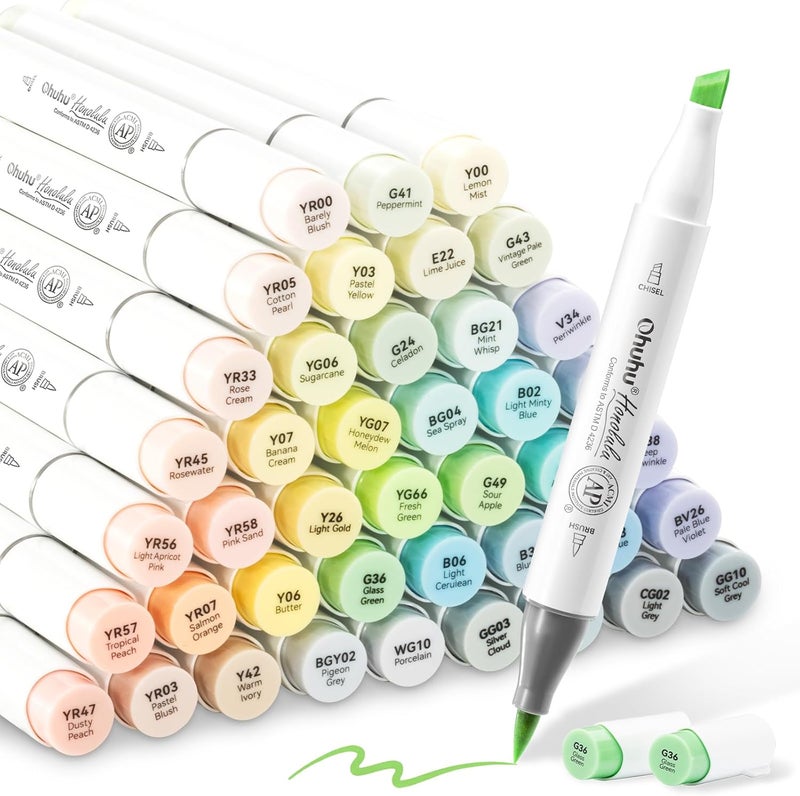 Ohuhu Pastel Alcohol Markers - 48 Pastel Colors Dual Tip Brush Markers with Colorless Blender - Image 1