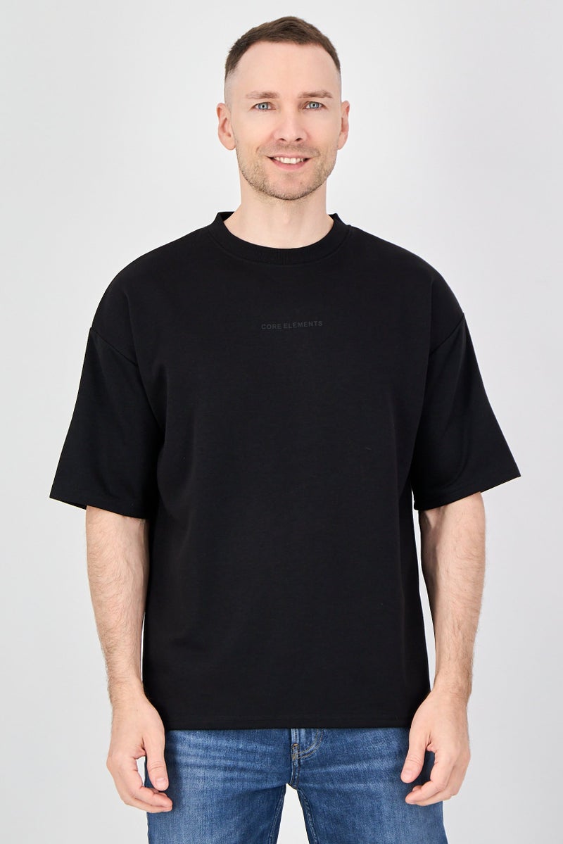 Core Elements Men Crew Neck Short Sleeve Brand Logo T-Shirt, Black - Image 1