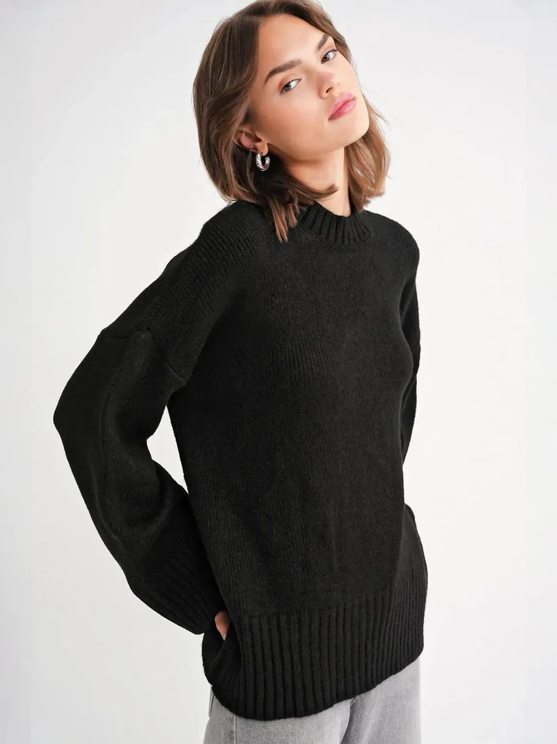 MixRay Mixray Oversized Ribbed Knit Sweater with Crew Neck