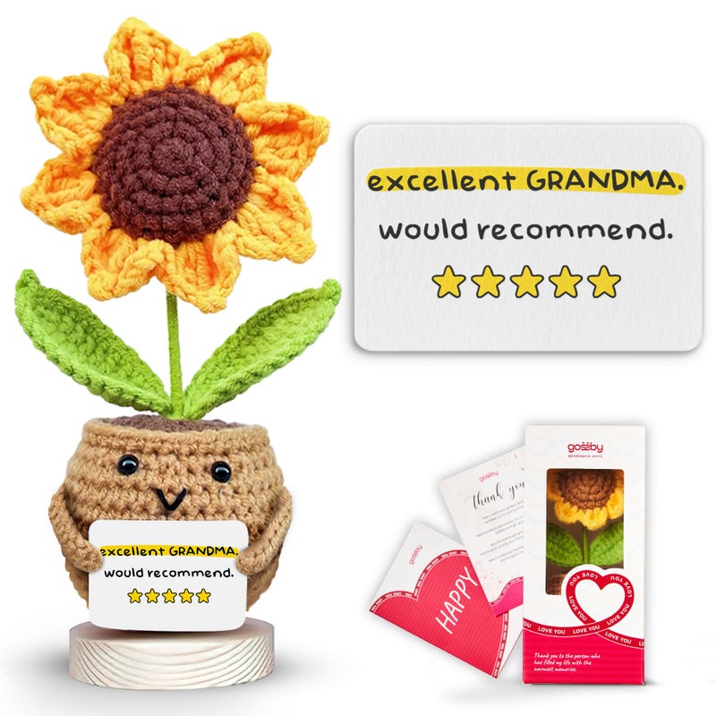 Gossby Positive Sunflower Doll Crochet with Card - Excellent Grandma Would Recommend - Gift for Grandma from Granddaughter, Grandson, Grandkid - Mothers Day, Christmas, Birthday Gift for Grandmother - Image 1