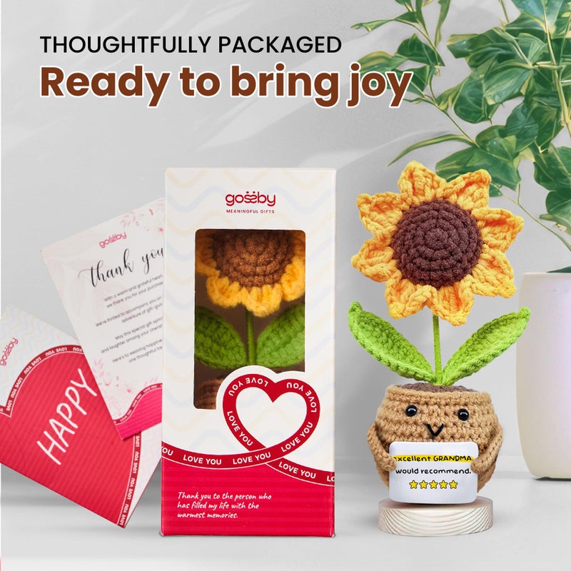 Gossby Positive Sunflower Doll Crochet with Card - Excellent Grandma Would Recommend - Gift for Grandma from Granddaughter, Grandson, Grandkid - Mothers Day, Christmas, Birthday Gift for Grandmother - Image 3