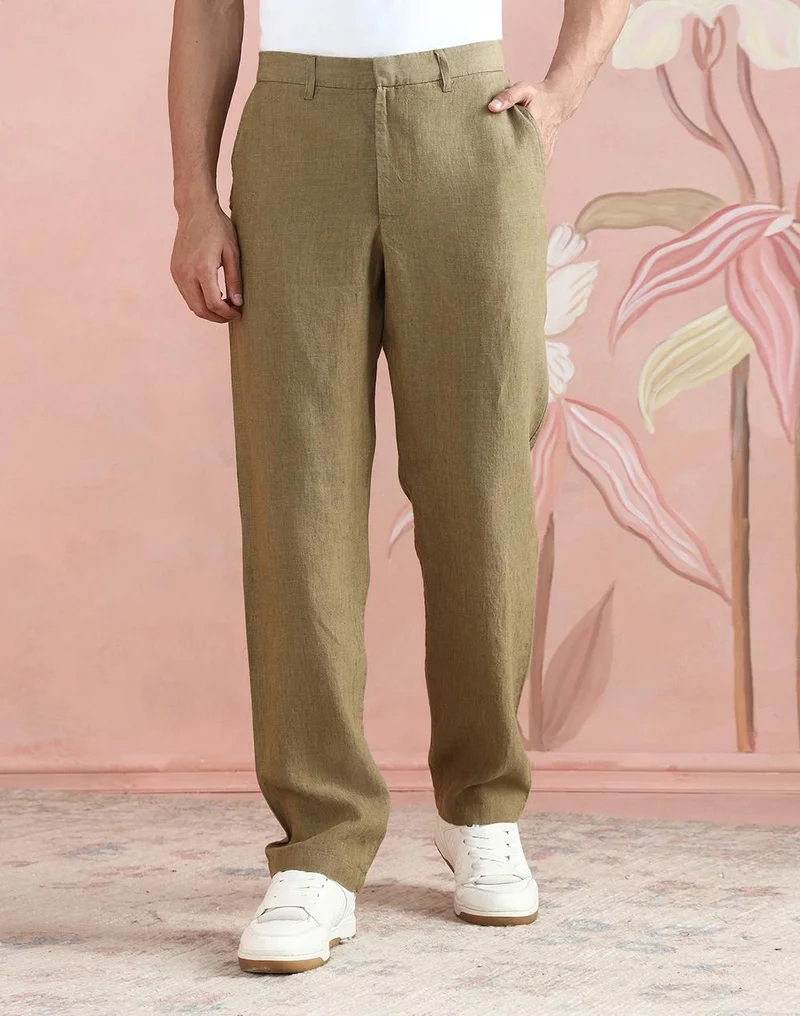 Fabindia Olive Linen 808 Straight Leg Pant