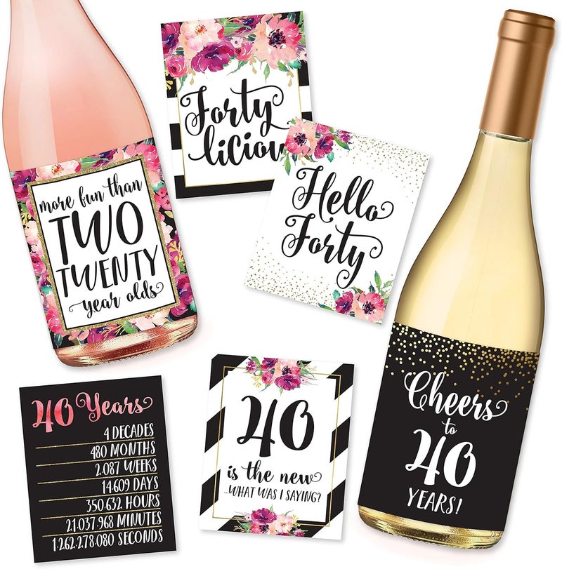 Hadley Designs 6 Pack 40th Birthday Wine Bottle Labels - Funny Pink Black Gold Decorations - Image 1
