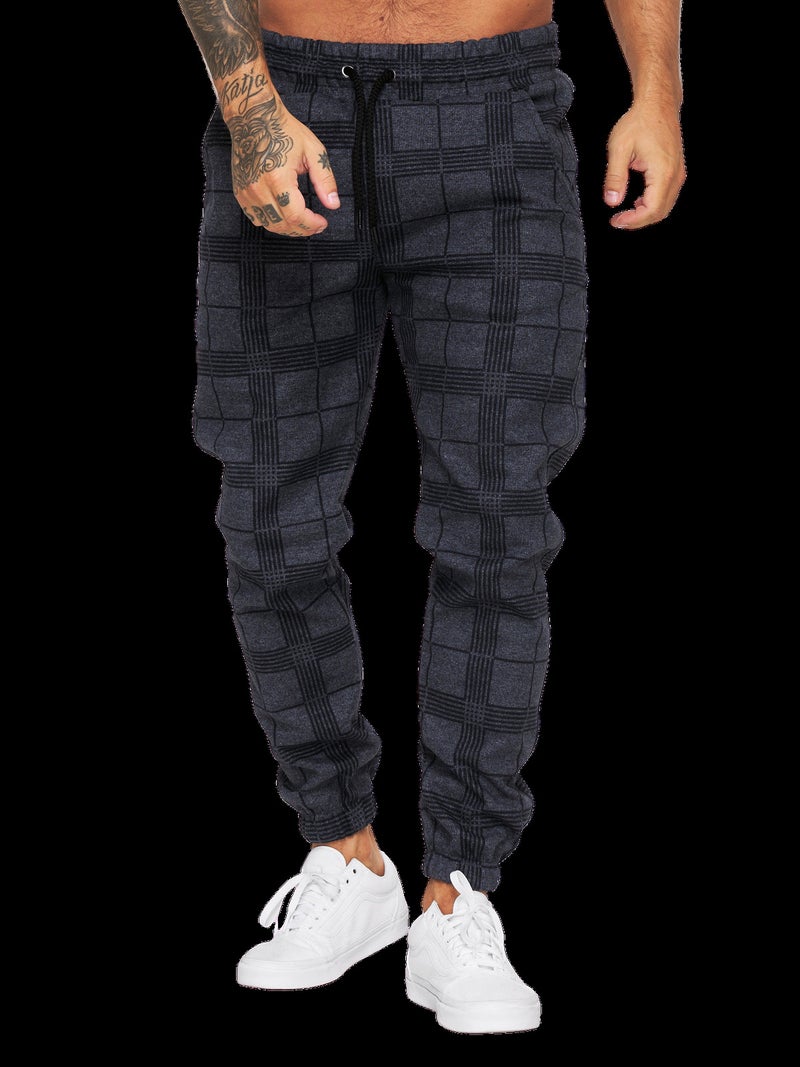 Mens Checked 3D Print Casual Trousers Joggers Dark gray - Image 1