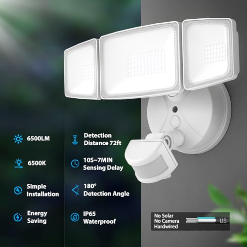 Onforu 65W LED Flood Light Motion Sensor Outdoor, 6500lm Security Light with Three Head, IP65 Waterproof Exterior Floodlight, 6500k Wall Light for Entryways Stairs Yard Garage - Image 3