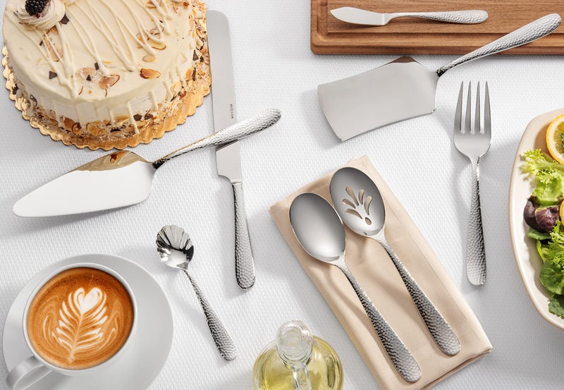 Hudson Essentials 9-Piece Bergamo Hammered 18/10 Stainless Steel Hostess Serving Utensil Set - Flatware Silverware with Wedding Cake Knife & Cake Server - Perfect for Weddings, Engagements and Parties - Image 2