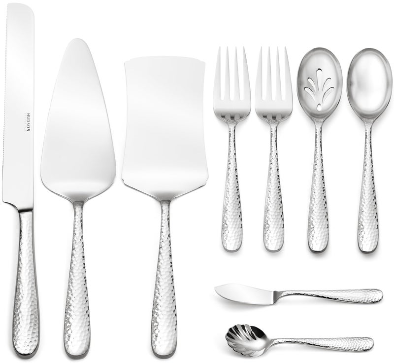 Hudson Essentials 9-Piece Bergamo Hammered 18/10 Stainless Steel Hostess Serving Utensil Set - Flatware Silverware with Wedding Cake Knife & Cake Server - Perfect for Weddings, Engagements and Parties - Image 1