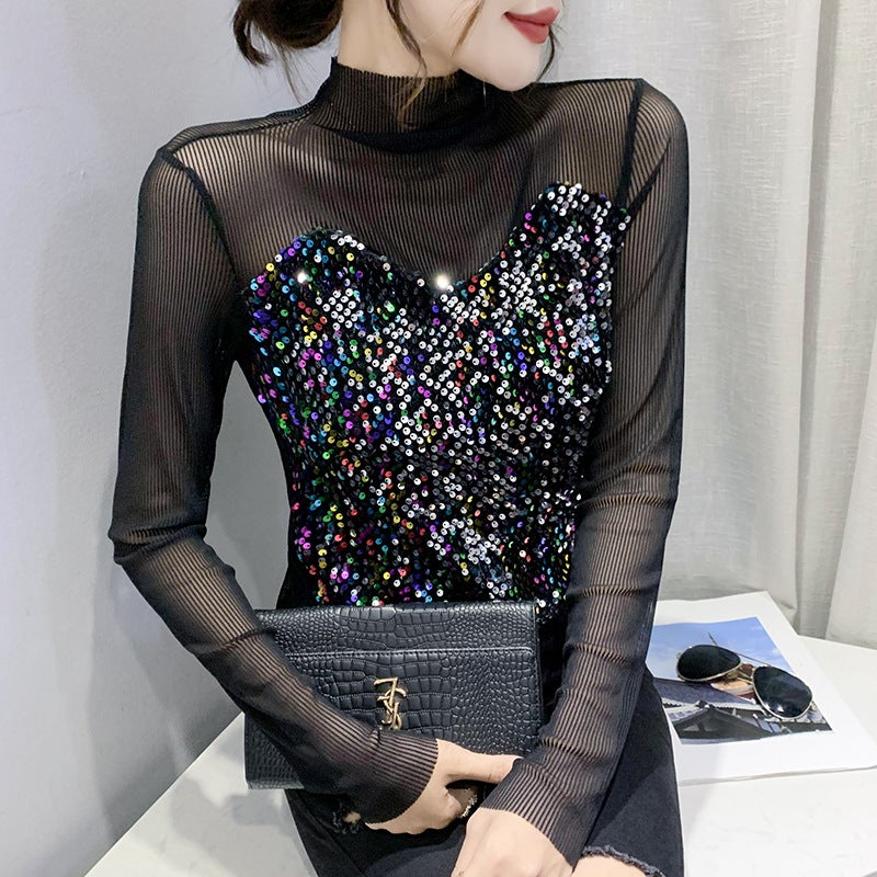 Real shot 2022 early spring new Christmas New Year party sequined women's top bottoming shirt long sleeve T-shirt women's hair - Image 1