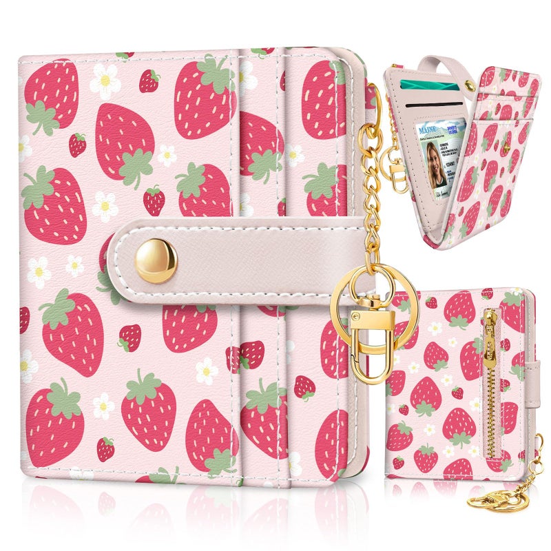 Jogjam Strawberry Rfid Girls Girly Teen Wallet, Small Slim Thin Compact Travel Credit Card Women Wallet, Cute PU Leather Bifold Cash Zipper Coin Pocket ID Window for Female Ladies Gifts - Image 1