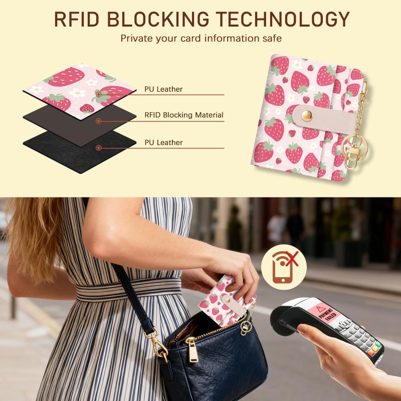 Jogjam Strawberry Rfid Girls Girly Teen Wallet, Small Slim Thin Compact Travel Credit Card Women Wallet, Cute PU Leather Bifold Cash Zipper Coin Pocket ID Window for Female Ladies Gifts - Image 3