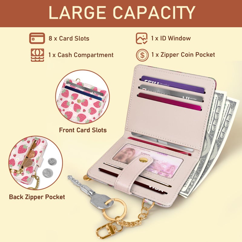 Jogjam Strawberry Rfid Girls Girly Teen Wallet, Small Slim Thin Compact Travel Credit Card Women Wallet, Cute PU Leather Bifold Cash Zipper Coin Pocket ID Window for Female Ladies Gifts - Image 4