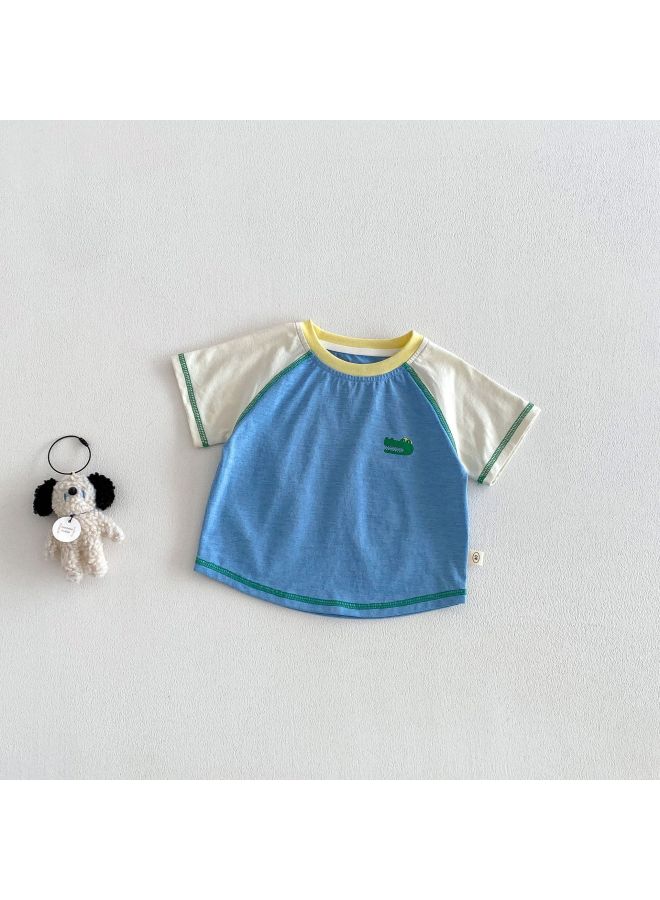 Baby Korean-style Cartoon T-shirt 2026 New Summer Boys' Fashion Print Color Block Thin Top Children's Summer Clothes