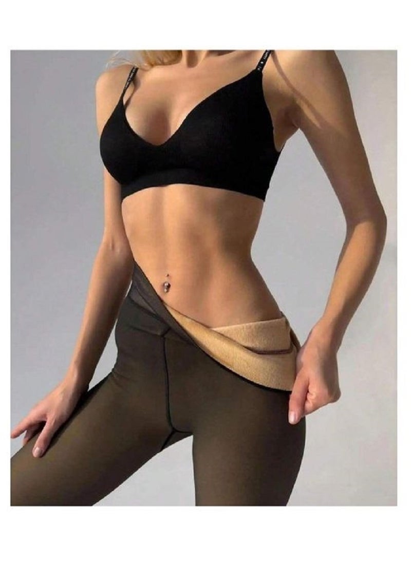 Thermal Tights for Women Fleece Lined Fake Translucent Pantyhose Magic   Double Lined Stretch Thermal Fleece Tights Black Full Foot Size M - Image 2