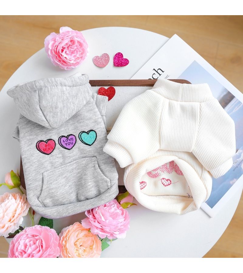 2 Pcs Valentine Day Pet Sweatshirt Set Size XL Thickened Warm Gray Hoodie Pullover For Dogs Cats Autumn Winter Outfit - Image 3