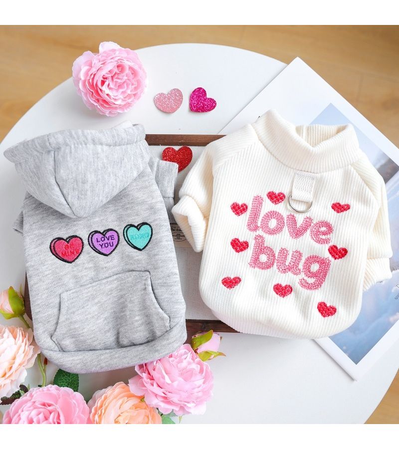 2 Pcs Valentine Day Pet Sweatshirt Set Size XL Thickened Warm Gray Hoodie Pullover For Dogs Cats Autumn Winter Outfit - Image 1