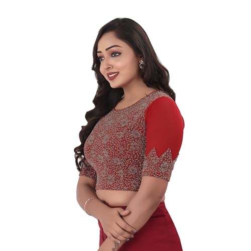DESI GIRL - Round Neck Jacquard Regular Fit Saree Blouse for Women | Half Sleeve Readymade Stretchy Embroidered Design Festive Blouse Perfect for Saree, Lehenga, Kurti | Red - 36 - Image 2