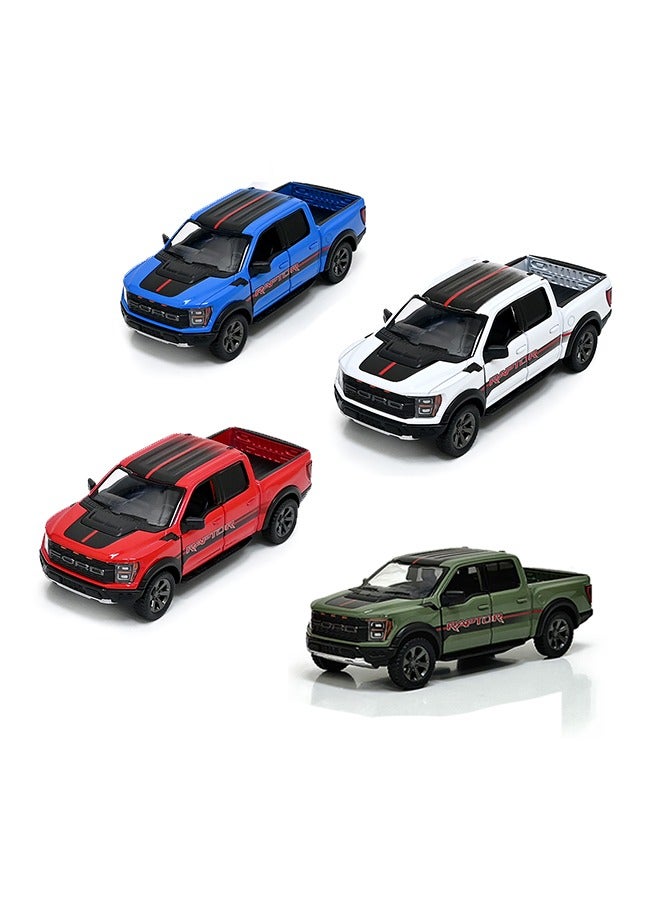 Kinsmart Pack of 4 Diecast Metal 2022 Ford F-150 Raptor Pickup Truck Die Cast Metal Doors Openable Pull Back Action Toy-Assorted Colours 