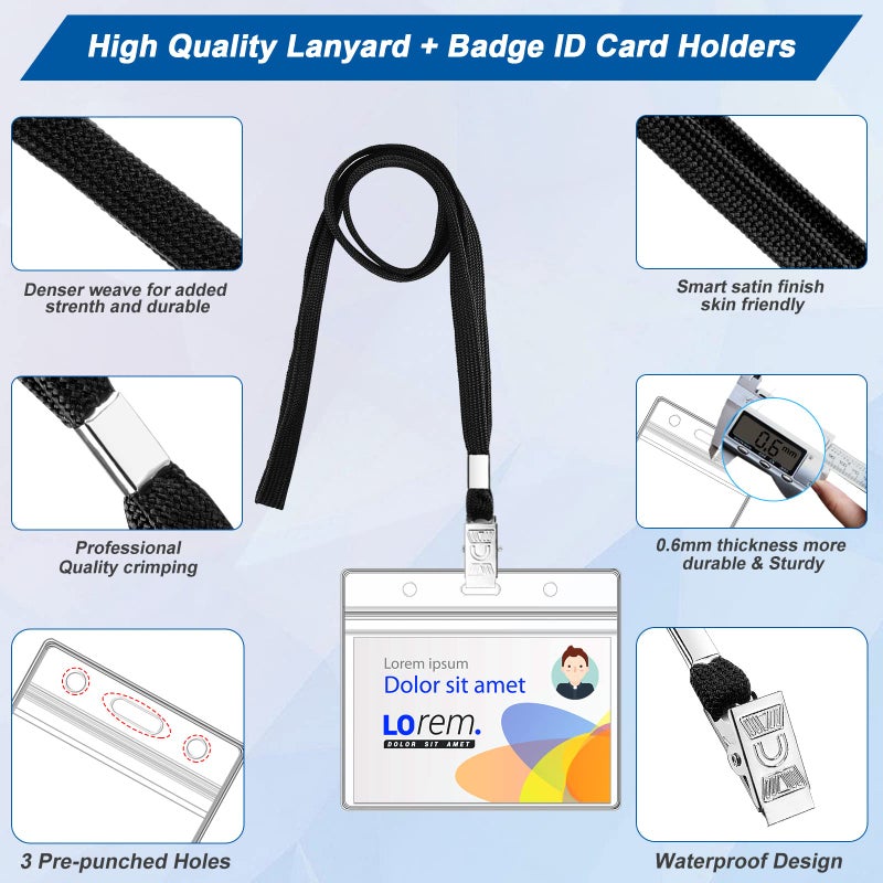 Maileto 100Pcs Lanyards for Id Badges and 100 Pcs Clear Plastic Horizontal Name Badge ID Card Holders, Flat Neck Lanyards with Clip Waterproof Resealable Name Tag Badge ID Card Holders, Black - Image 4