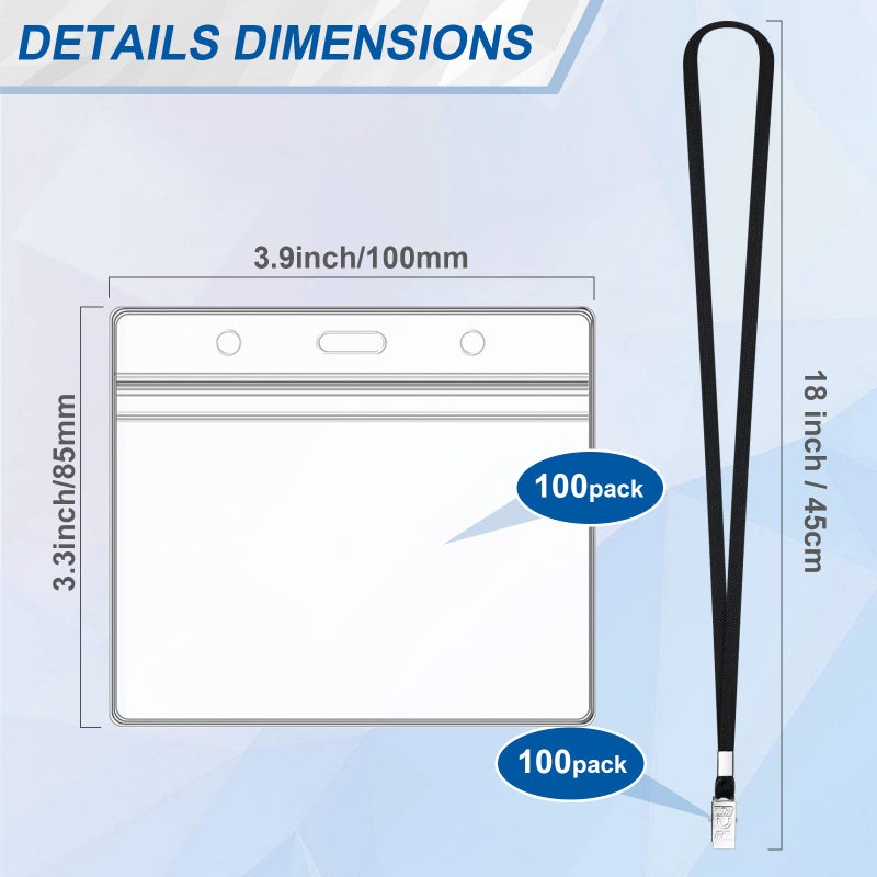 Maileto 100Pcs Lanyards for Id Badges and 100 Pcs Clear Plastic Horizontal Name Badge ID Card Holders, Flat Neck Lanyards with Clip Waterproof Resealable Name Tag Badge ID Card Holders, Black - Image 3