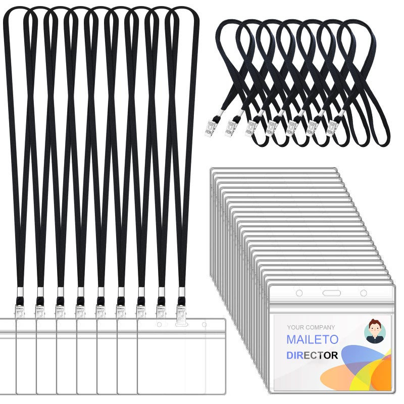 Maileto 100Pcs Lanyards for Id Badges and 100 Pcs Clear Plastic Horizontal Name Badge ID Card Holders, Flat Neck Lanyards with Clip Waterproof Resealable Name Tag Badge ID Card Holders, Black - Image 1