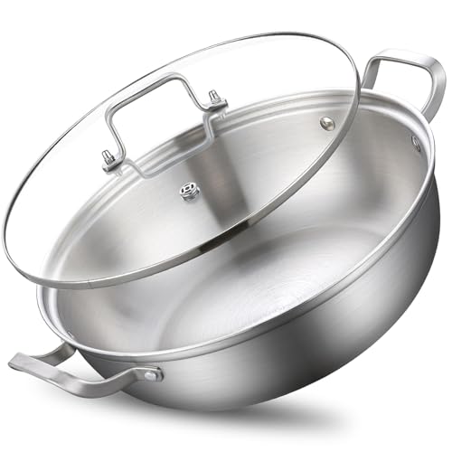 Yeksum Tri-Ply Stainless Steel Saute Pan,Deep Frying Pan with lid,Compatible with All Cooktops Up to 650℉, Everyday Pan,Hot Pot,Kadhai,Induction Cooking Pot,Dishwasher and Oven Safe. (7QT) - Image 1