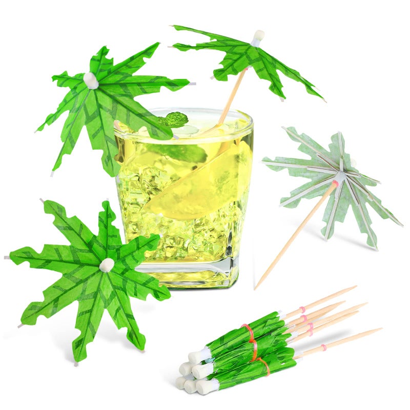150 Pieces Coconut Leaves Drink Umbrellas Cocktail Picks Parasol Cocktail Sticks with Wood Toothpicks for Summer Hawaiian Cupcake Toppers Umbrella Sticks Tropical Wedding Party