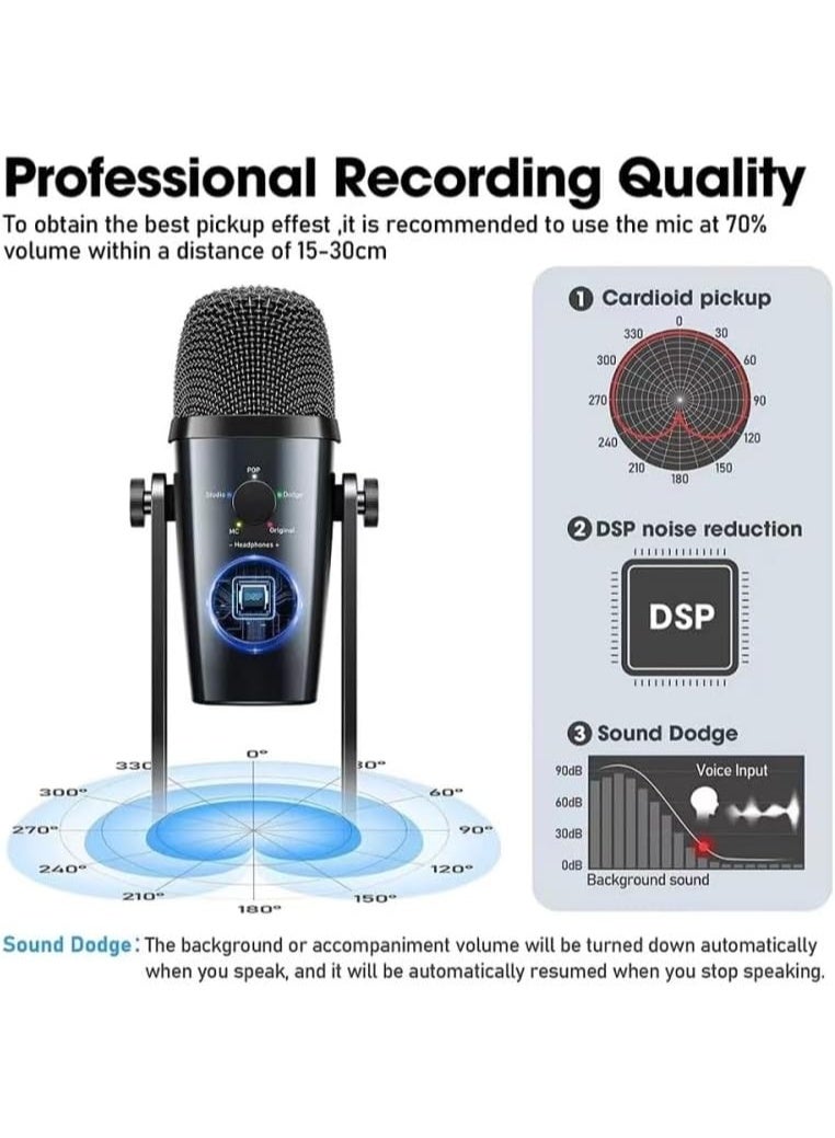 جيه ماري USB & Bluetooth Podcast Microphone for PC & Laptop – Condenser Mic with 4 Sound Modes, Mute Button, Gain Control, Type-C, Zero-Latency Monitoring, Cardioid Pickup, 330° Adjustable Stand for Streaming, Gaming, Podcasting, Voiceovers - Image 3