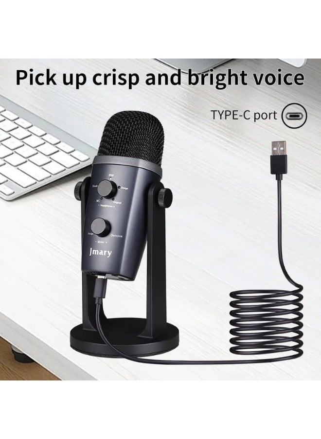 USB & Bluetooth Podcast Microphone for PC & Laptop – Condenser Mic with 4 Sound Modes, Mute Button, Gain Control, Type-C, Zero-Latency Monitoring, Cardioid Pickup, 330° Adjustable Stand for Streaming, Gaming, Podcasting, Voiceovers