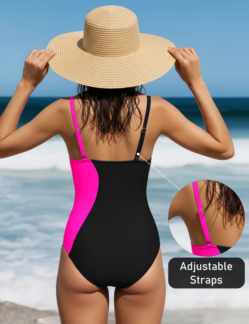BMJL Womens One Piece Swimsuit Sports Full Coverage Bathing Suit Color Block Slimming Tummy Control Swimming Suits(M,Black) - Image 4