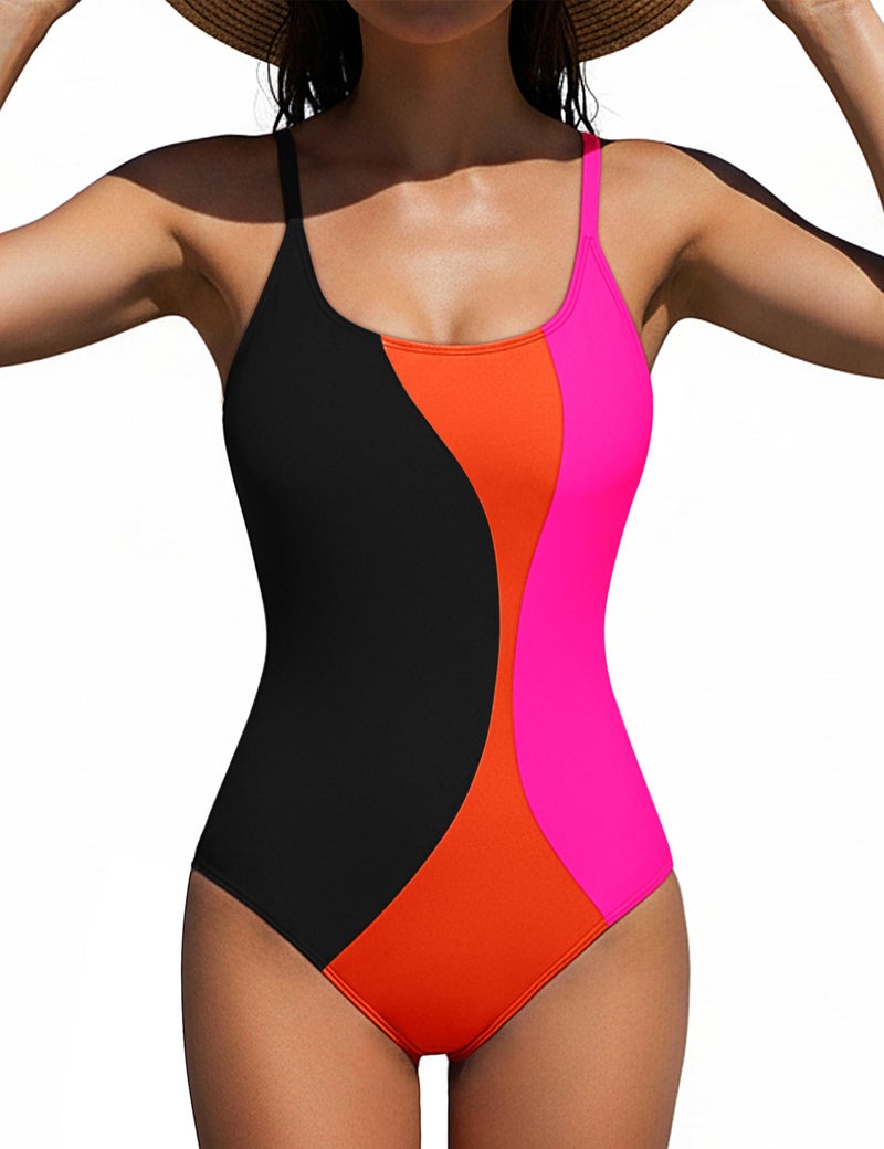 BMJL Womens One Piece Swimsuit Sports Full Coverage Bathing Suit Color Block Slimming Tummy Control Swimming Suits(M,Black) - Image 1