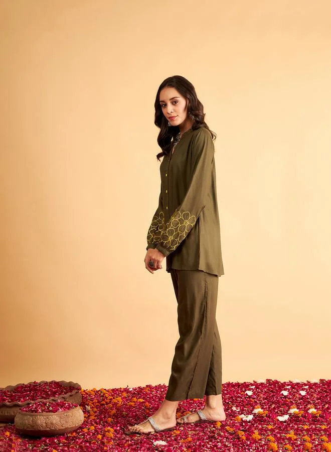SASSAFRAS Floral Embroidered Sleeve Shirt & Pants Co-Ord by Styli