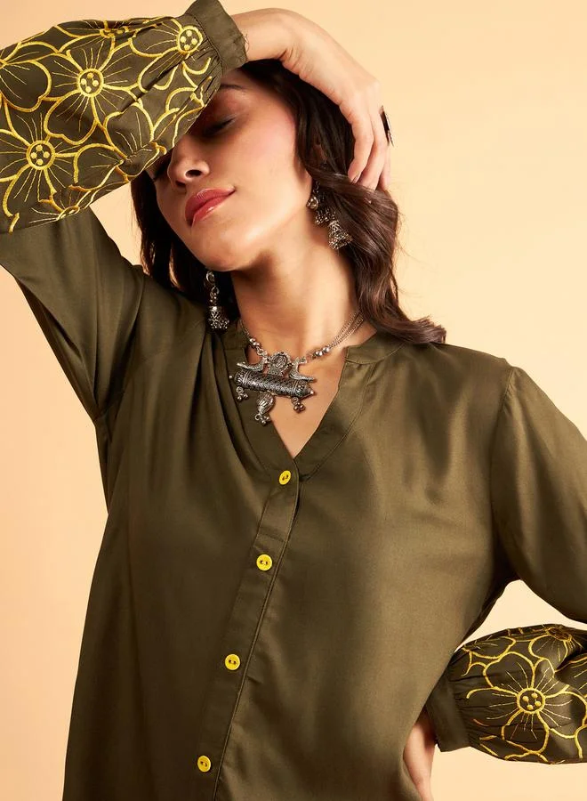 SASSAFRAS Floral Embroidered Sleeve Shirt & Pants Co-Ord by Styli