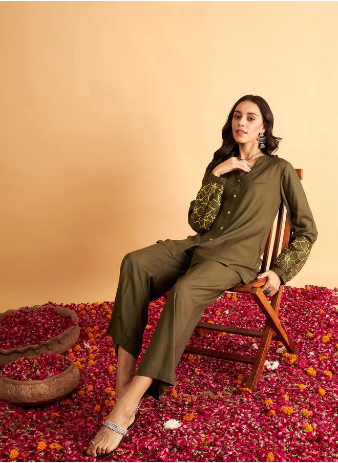 SASSAFRAS Floral Embroidered Sleeve Shirt & Pants Co-Ord