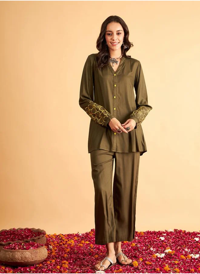 SASSAFRAS Floral Embroidered Sleeve Shirt & Pants Co-Ord